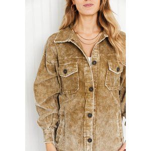 Zenana Corn Maze Full Size Vintage Washed Corduroy Jacket in Olive